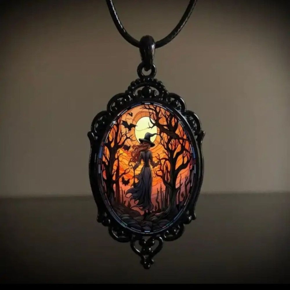 Witch Cameo Necklace Womens Black Orange Gothic Halloween Fall Mystical Gift New